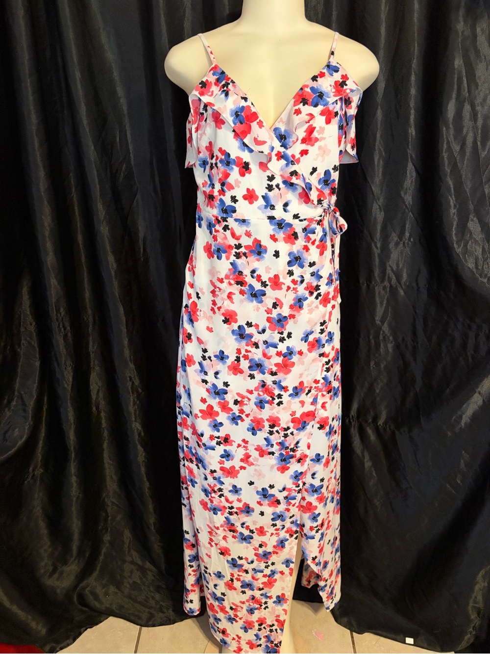 Express White Floral Wrap Maxi Dress with Red & Blue Blossoms